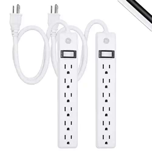 GE 6-Outlet Power Strip, 2 Pack, 2 Ft Extension Cord, Heavy Duty Plug, Grounded, Integrated Circuit Breaker, 3-Prong, Wall Mount, UL Listed, White, 14833