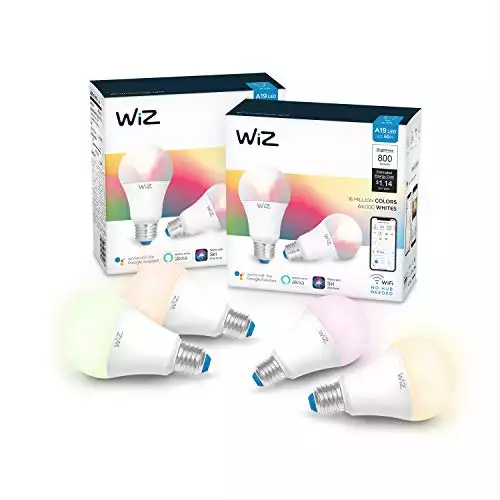 WiZ IZ20126084 60 Watt EQ A19 Smart WiFi Connected LED Light Bulbs/Compatible with Alexa and Google Home, no Hub Required, 4 Count (Pack of 1), RGB+ Color Changing/Tunable/Dimmable, 4 Piece