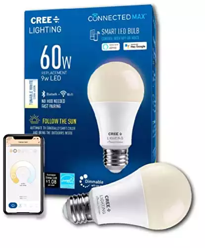 Cree Lighting Connected Max Smart Led Bulb A19 60W Dimmable Soft White 2700K, 2.4 Ghz, Works With Alexa And Google Home, No Hub Required, Bluetooth + Wifi, 1Pk