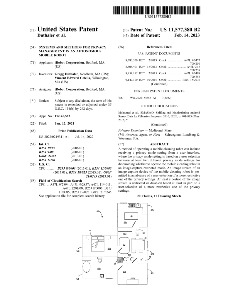 The title page of iRobot's new patent about Roomba cameras and privacy mode.