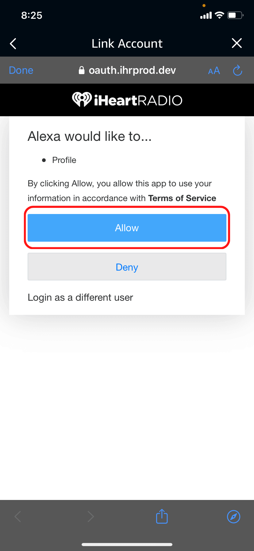 The access request screen when linking iHeartRadio to Alexa