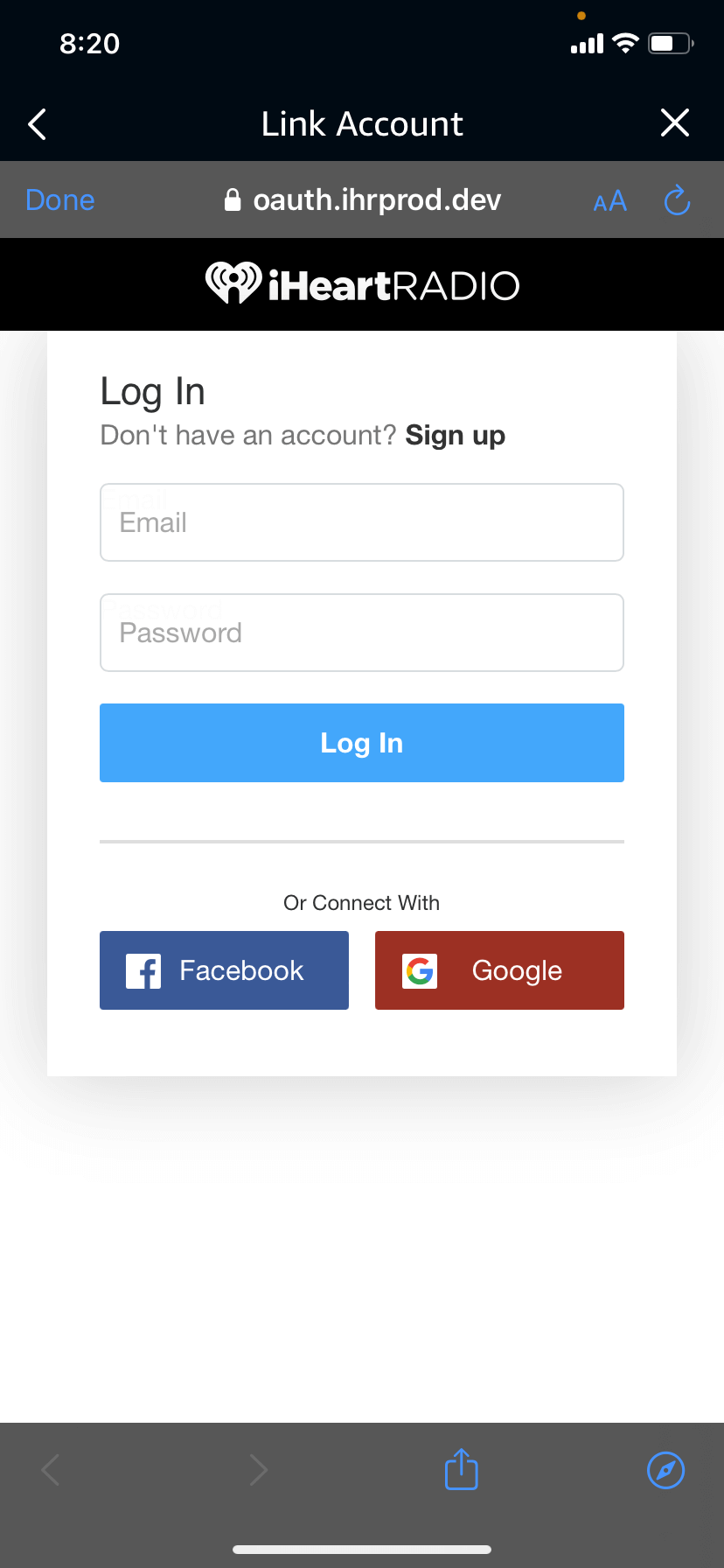 The login screen when linking iHeartRadio to Alexa