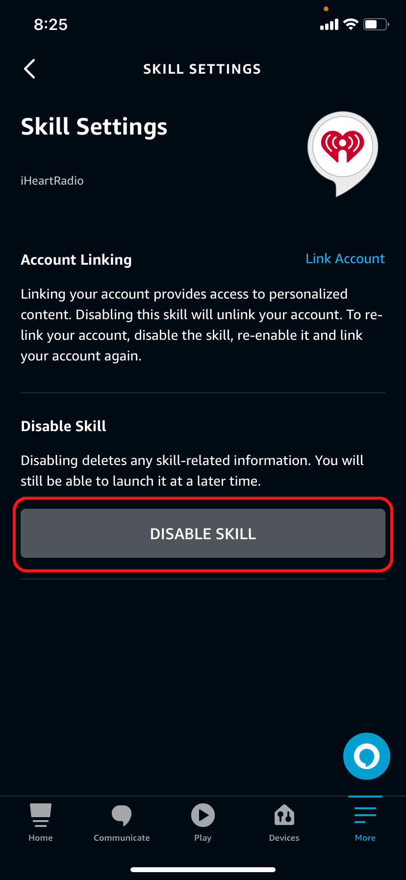 Disabling the iHeartRadio skill in the Alexa app