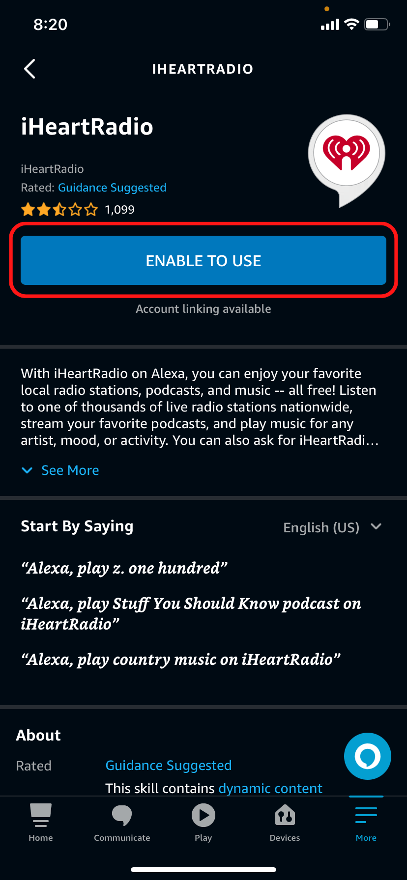 The iHeartRadio skill in the Alexa app music page.