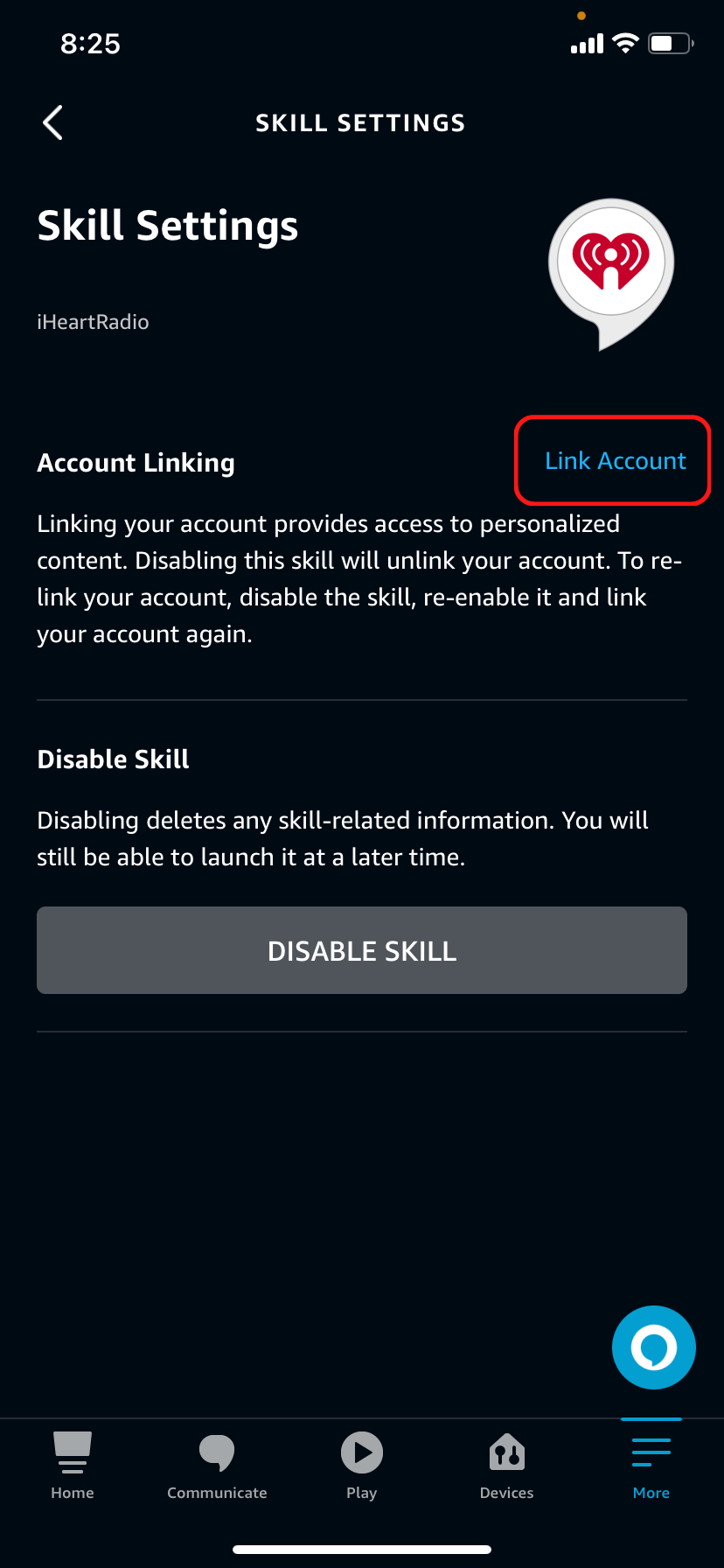 The iHeartRadio skill screen in the Alexa app, showing how to link your account
