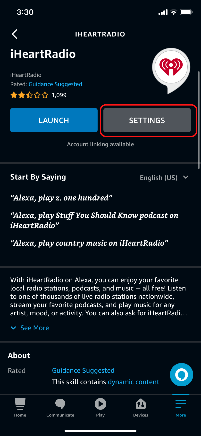 The iHeartRadio skill page in the Alexa app, showing the Settings button