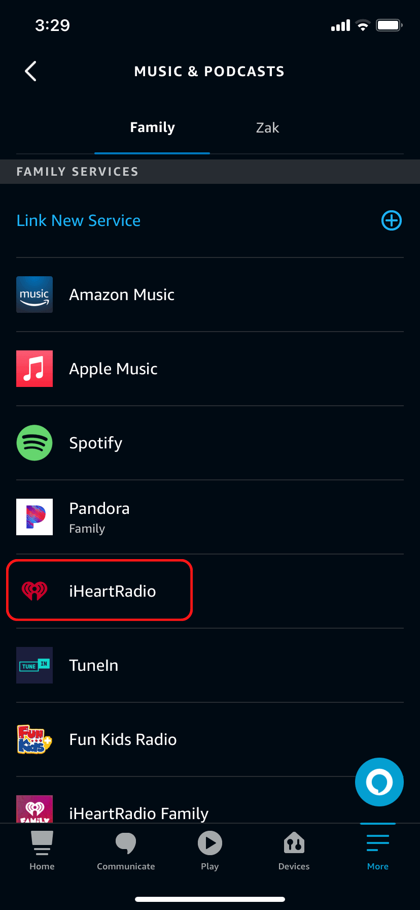 Selecting iHeartRadio from the Music & Podcasts menu in the Alexa app