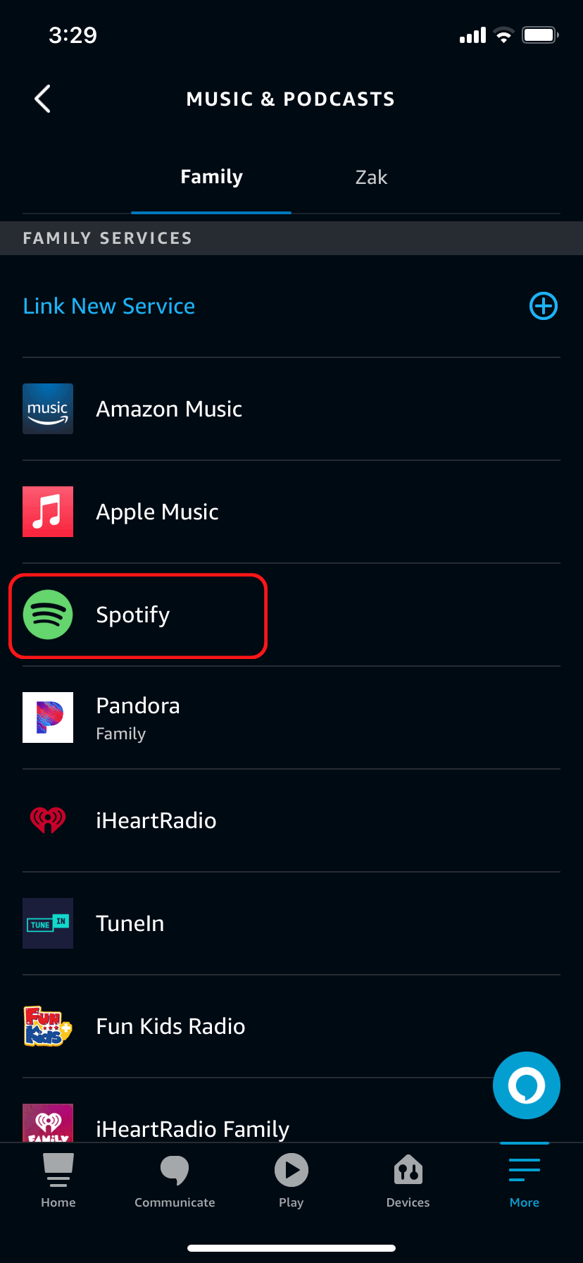 Selecting Spotify from the Music & Podcasts menu in the Alexa app