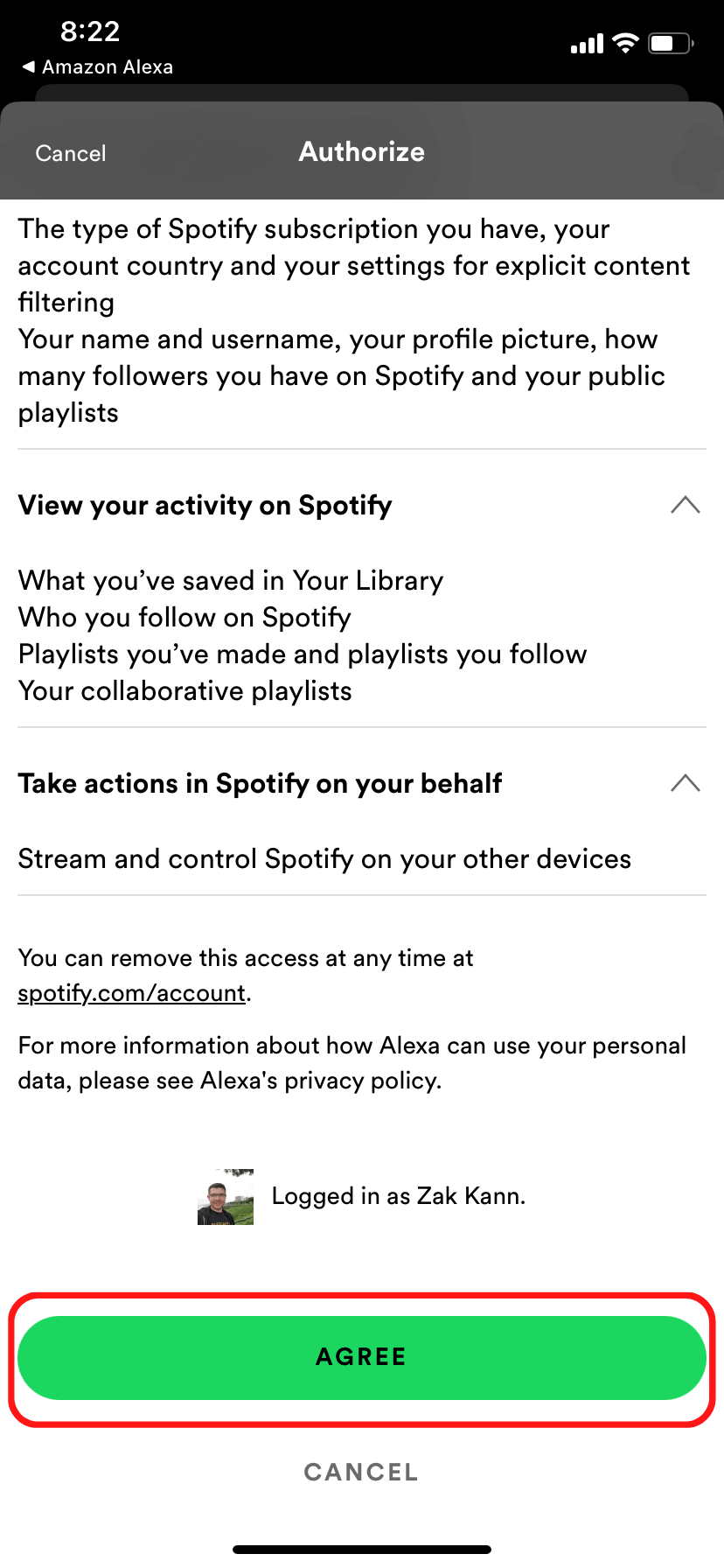 The access request screen when linking Spotify to Alexa