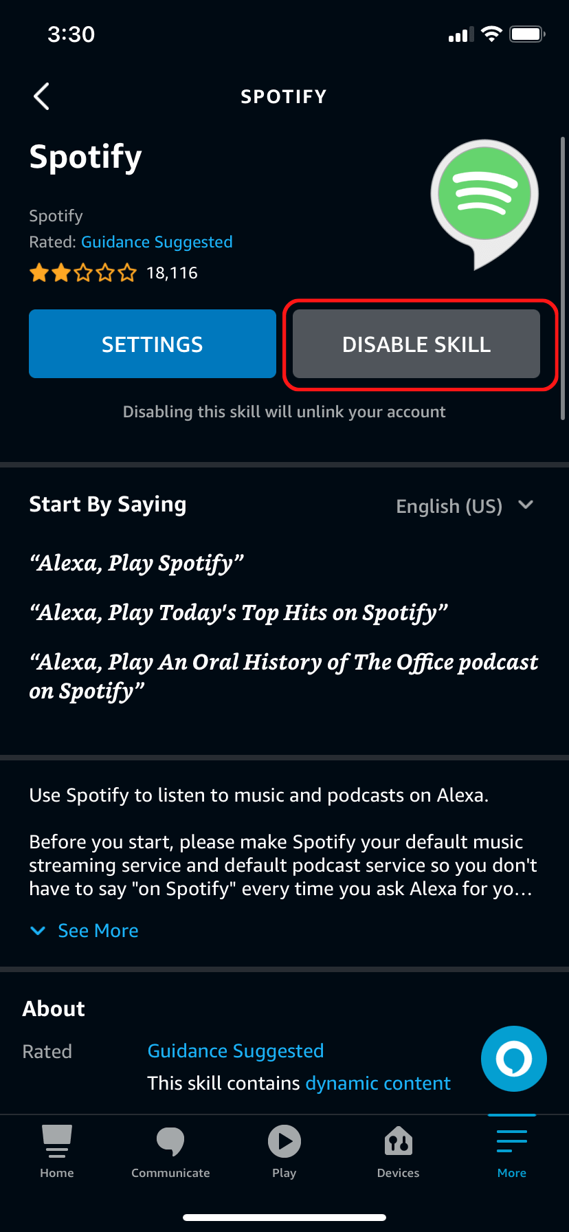 Disabling the Spotify skill in the Alexa app