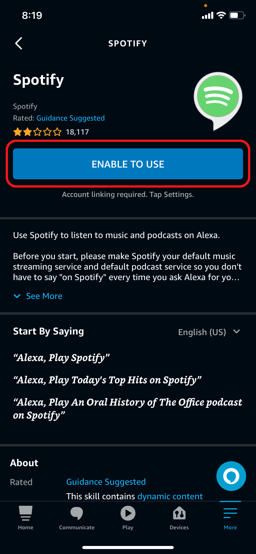 Enabling the Spotify skill in the Alexa app