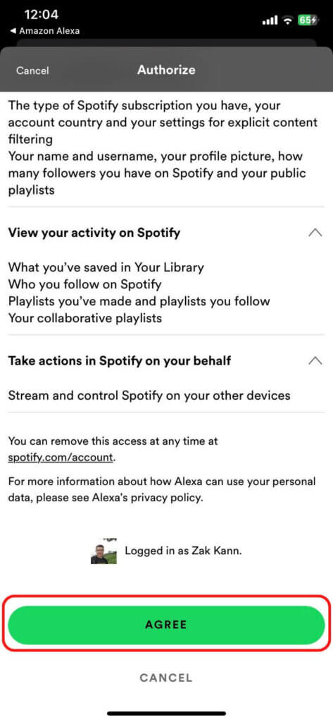 The process for authorizing Spotify's skill in the Alexa app.
