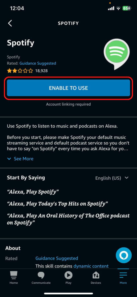 The Alexa app Spotify skill, showing the enable button