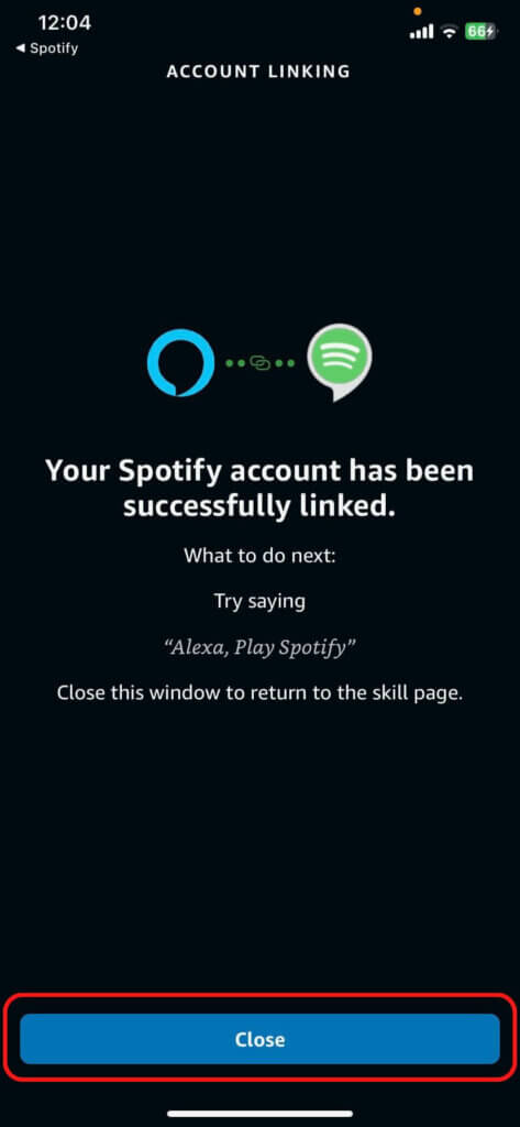 The confirmation screen after you connect Alexa to Spotify
