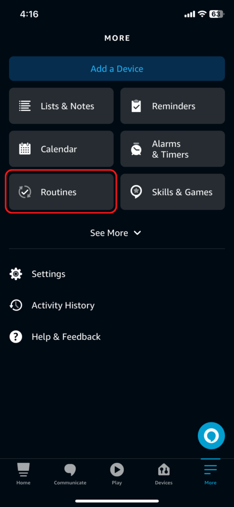 The Alexa iOS app, showing the routines button in the more tab