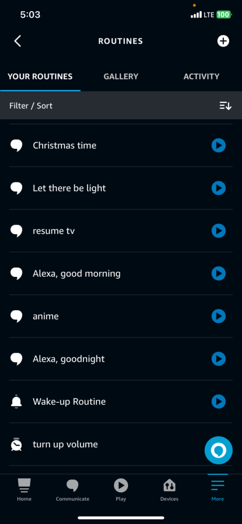 The Alexa iOS app, showing the routines page