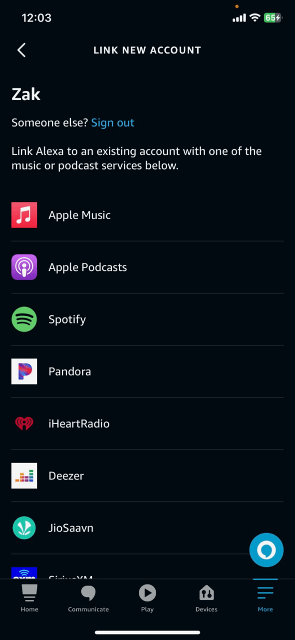 The list of music services you can link in the Alexa app family music tab.