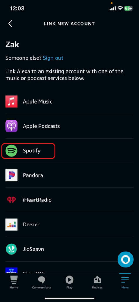 The list of music services you can link in the Alexa app family music tab, highlighting Spotify