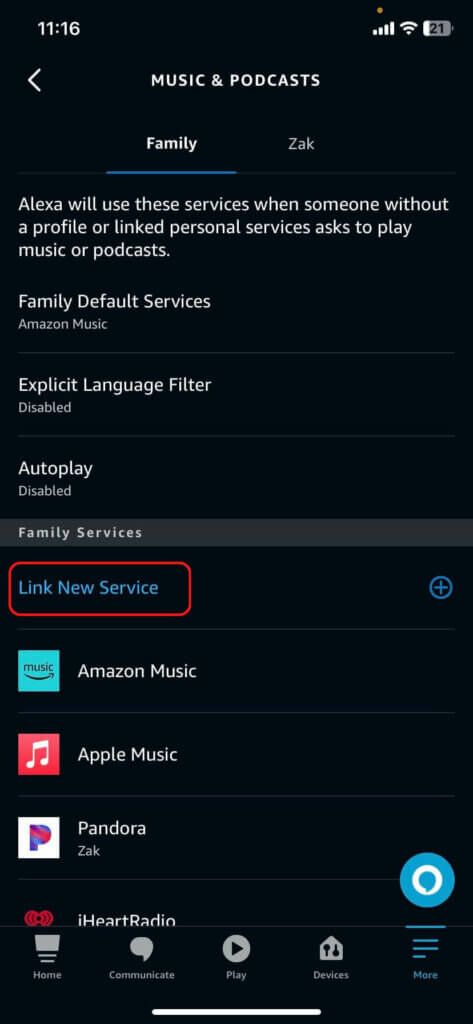 The Family tab of the Music & Podcasts page in the Alexa app, showing how to link a new service