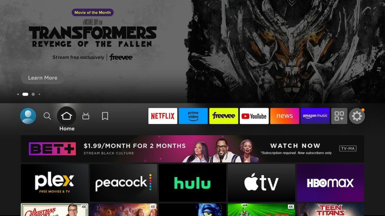 The Fire TV home screen, showing several apps that you can use with a Firestick